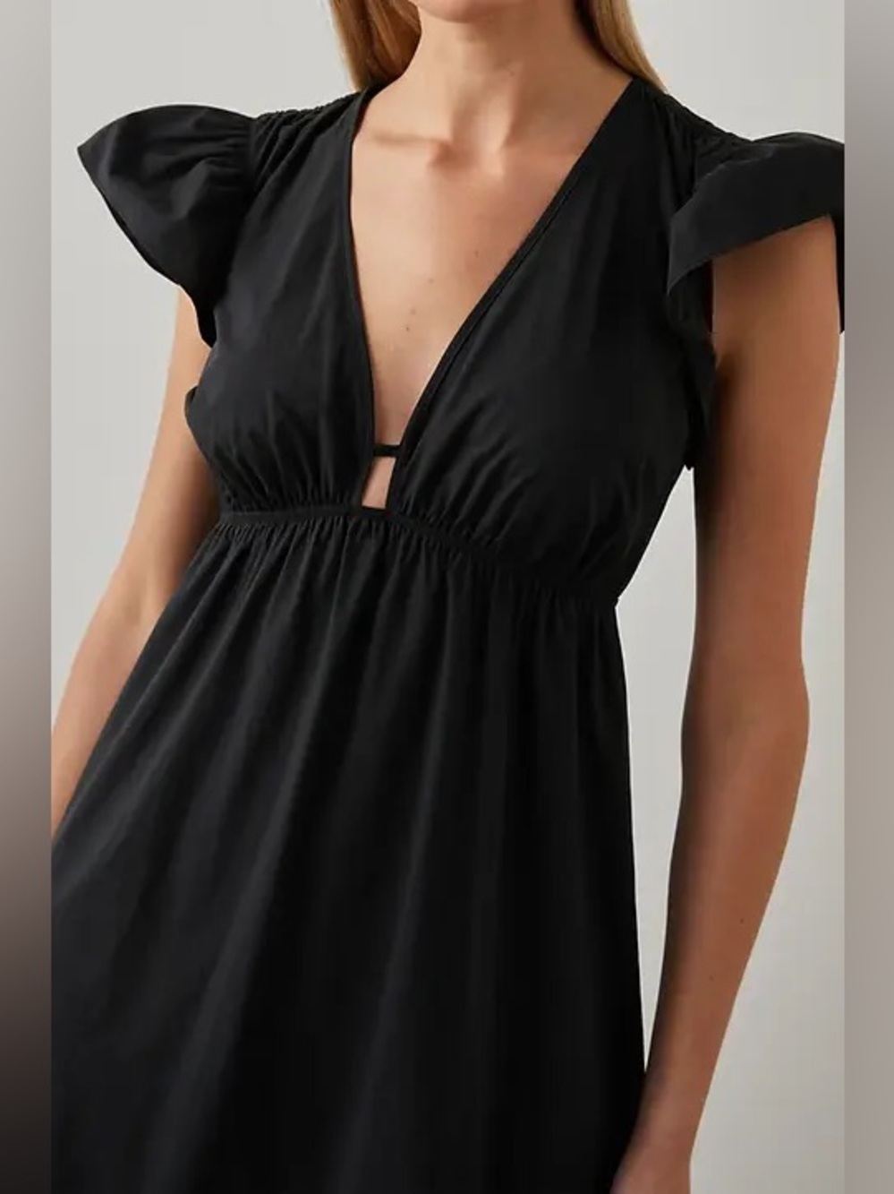 Rails Tina Midi Dress Large black cotton poplin short flutter sleeve cutout - Picture 2 of 12